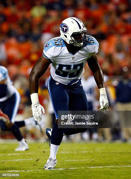 Outside linebacker Deiontrez Mount of the Tennessee Titans in action during the preseason game against the Kansas City Chiefs at Arrowhead Stadium on...