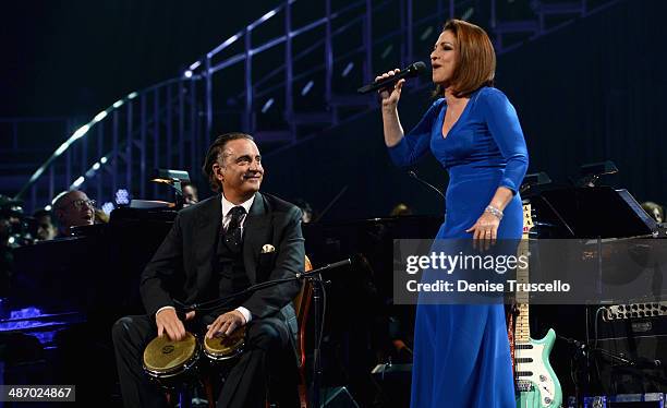 Actor Andy Garcia and honoree Gloria Estefan perform onstage during the 18th annual Keep Memory Alive "Power of Love Gala" benefit for the Cleveland...