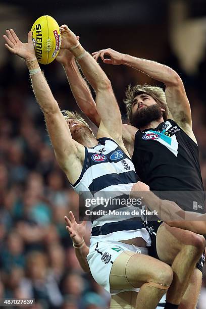 Justin Westhoff of the Power competes in the air during the round six AFL match between Port Adelaide Power and the Geelong Cats at Adelaide Oval on...