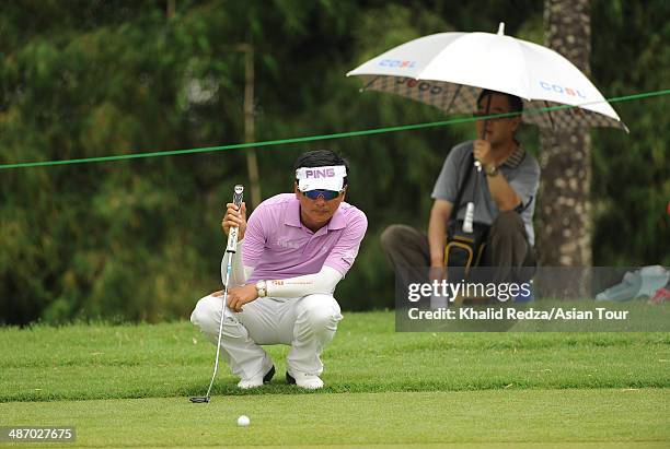 Lin Wen-tang of Chinese Taipei in action during round four of the CIMB Niaga Indonesian Masters at Royale Jakarta Golf Club on April 27, 2014 in...