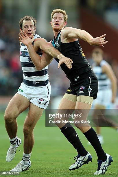 Josh Walker of the Cats and Matthew Lobbe of the Power compete in the ruck with during the round six AFL match between Port Adelaide Power and the...