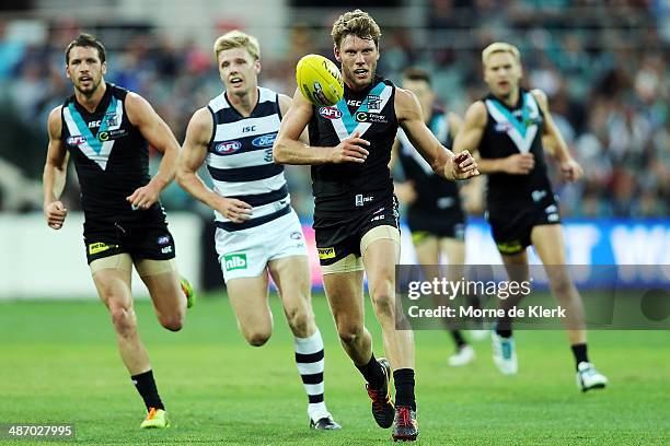 Brad Ebert of the Power kicks the ball during the round six AFL match between Port Adelaide Power and the Geelong Cats at Adelaide Oval on April 27,...