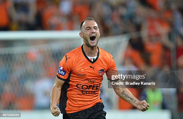 Ivan Franjic of the Roar celebrates a goal by team mate Besart Berisha during the A-League Semi Final match between the Brisbane Roar and Melbourne...