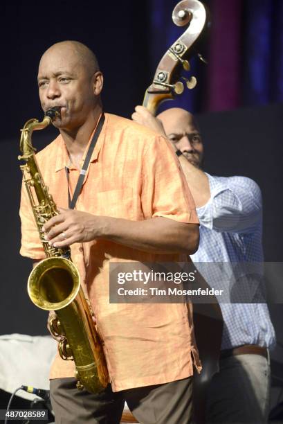 Branford Marsalis performs during the 2014 New Orleans Jazz & Heritage Festival Day 2 at Fair Grounds Race Course on April 26, 2014 in New Orleans,...