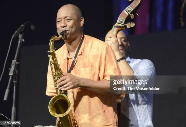 Branford Marsalis performs during the 2014 New Orleans Jazz & Heritage Festival Day 2 at Fair Grounds Race Course on April 26, 2014 in New Orleans,...