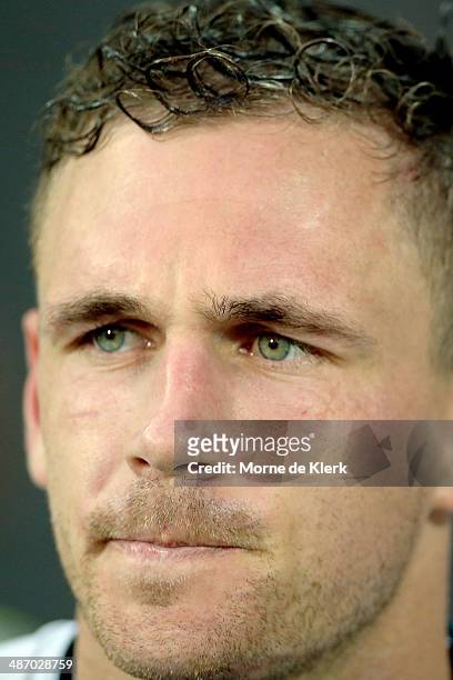 Joel Selwood of the Cats looks on during the round six AFL match between Port Adelaide Power and the Geelong Cats at Adelaide Oval on April 27, 2014...