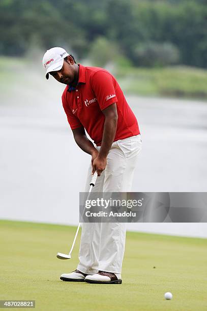 Anirban Lahiri of India in action during the final round of the CIMB Niaga Indonesian Masters at Royale Jakarta Golf Club on April 27, 2014 in...