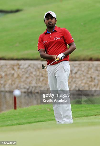 Anirban Lahiri of India in action during the final round of the CIMB Niaga Indonesian Masters at Royale Jakarta Golf Club on April 27, 2014 in...
