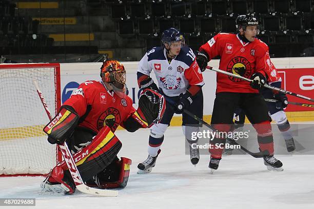 Lilja Jakob of Linkoping HC in action scoring during the Champions Hockey League group stage game between SC Bern and Linkoping HC on September 5,...