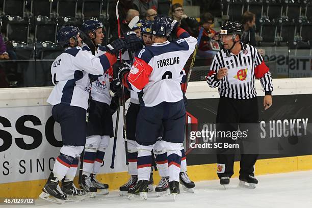 Lilja Jakob of Linkoping HC celebrates scoring during the Champions Hockey League group stage game between SC Bern and Linkoping HC on September 5,...