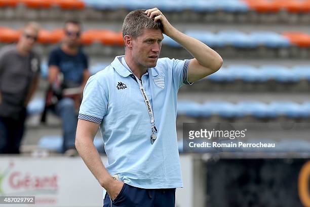 Racing Metro 92 scrum half coach Ronan O'Gara gestures before the French rugby League Top 14 between Agen and Racing Metro 92 on September 5, 2015 in...