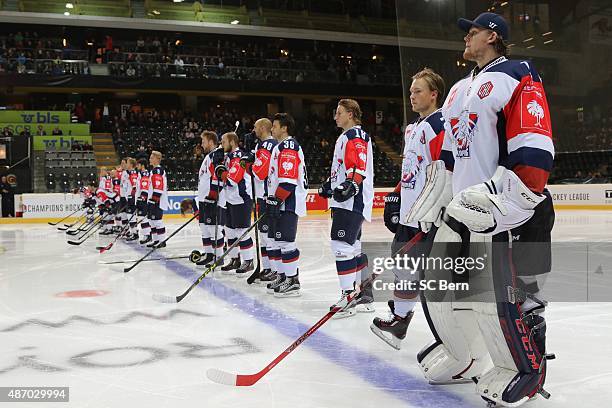 Line up during the Champions Hockey League group stage game between SC Bern and Linkoping HC on September 5, 2015 in Bern, Switzerland.