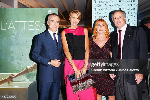 Film producer Giampaolo Letta, Rossana Letta and guests attend a cocktail reception for 'The Wait' hosted by Tiffany & Co. During the 72nd Venice...