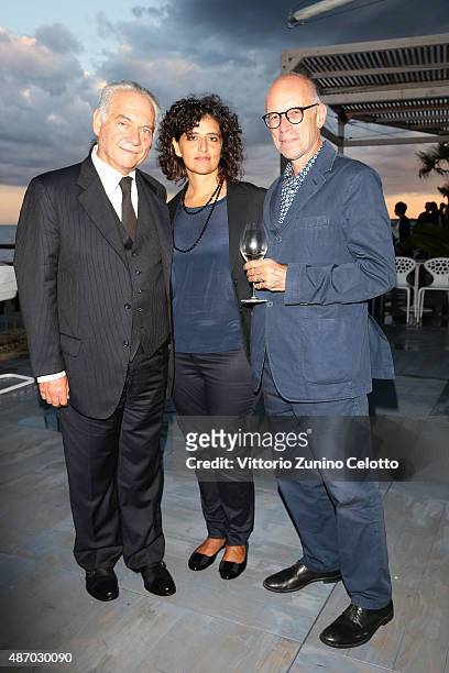Actor Giorgio Colangeli, guest and director Gabriele Salvatores attends a cocktail reception for 'The Wait' hosted by Tiffany & Co. During the 72nd...