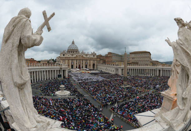 General view of the crowd gathered for the canonisation mass of Popes John XXIII and John Paul II on St Peter's square at the Vatican on April 27,...
