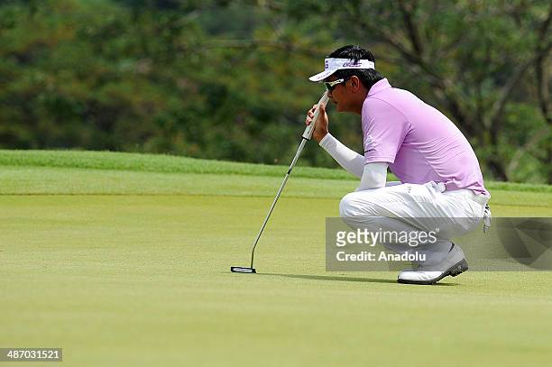 Lin Wen-tang of Chinese Taipei in action during the final round of the CIMB Niaga Indonesian Masters at Royale Jakarta Golf Club on April 27, 2014 in...
