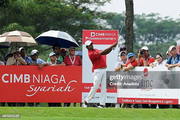 Anirban Lahiri of India in action during the final round of the CIMB Niaga Indonesian Masters at Royale Jakarta Golf Club on April 27, 2014 in...