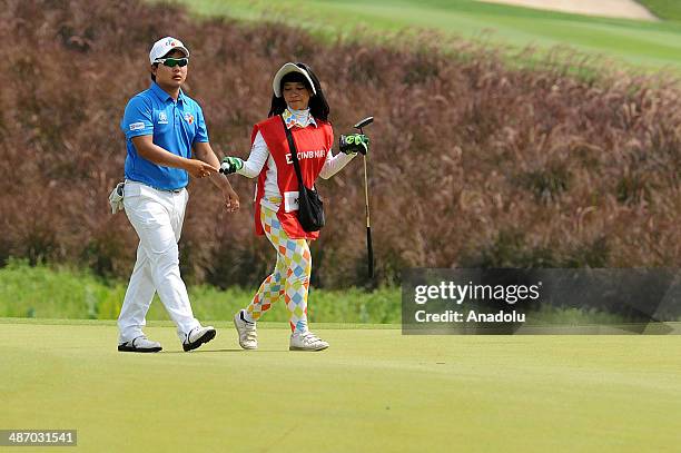 Kim Gi-whan of Korea in action during the final round of the CIMB Niaga Indonesian Masters at Royale Jakarta Golf Club on April 27, 2014 in Jakarta,...