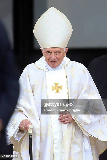 Pope Emeritus Benedict XVI arrives at the Canonisation Mass in which John Paul II and John XXIII are to be declared saints on April 27, 2014 in...