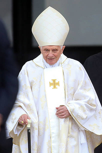Pope Emeritus Benedict XVI arrives at the Canonisation Mass in which John Paul II and John XXIII are to be declared saints on April 27, 2014 in...