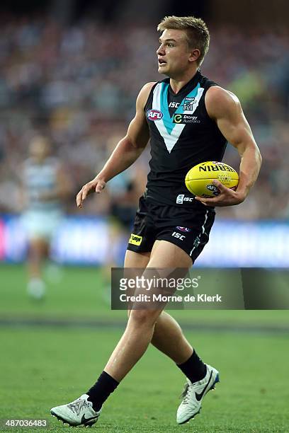 Oliver Wines of the Power looks on during the round six AFL match between Port Adelaide Power and the Geelong Cats at Adelaide Oval on April 27, 2014...