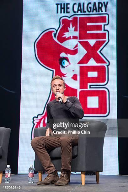 Actor Tom Felton participates in the "Spotlight on Tom Felton" panel discussion at the Stampede Corral during the Calgary Expo/ Comic and...