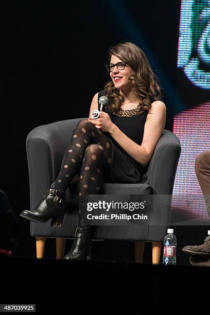 Moderator Morgan Hoffman participates in the "Spotlight on Tom Felton" panel discussion at the Stampede Corral during the Calgary Expo/ Comic and...