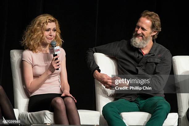 Actors Kasha Kropinski and Christopher Heyerdahl participate in the "Hell on Wheels" panel discussion at the Expo Pavillion during the Calgary Expo/...