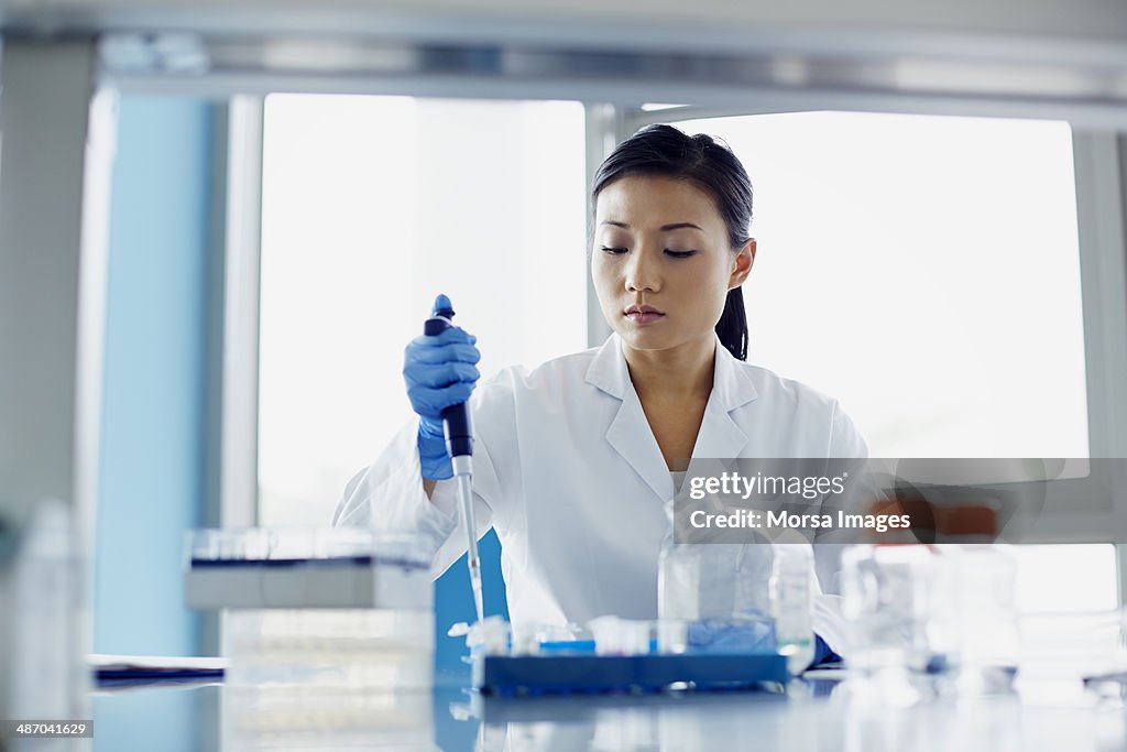 Scientist using pipette in research laboratory