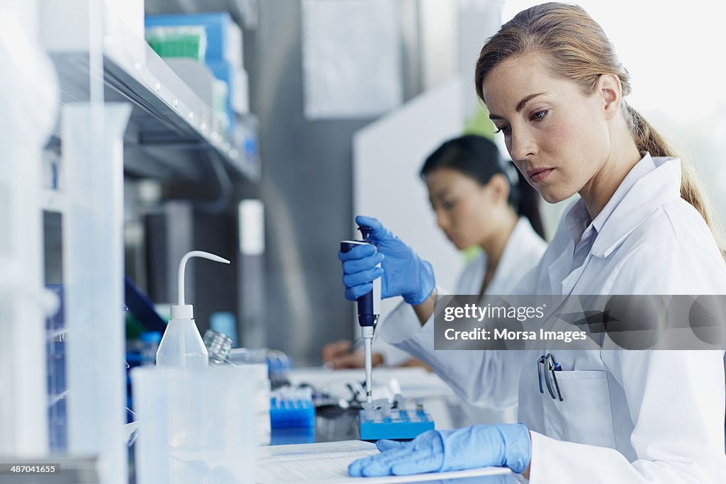 Scientists working in modern laboratory