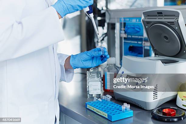 scientist pipetting samples into eppendorf tubes - instrumento médico fotografías e imágenes de stock