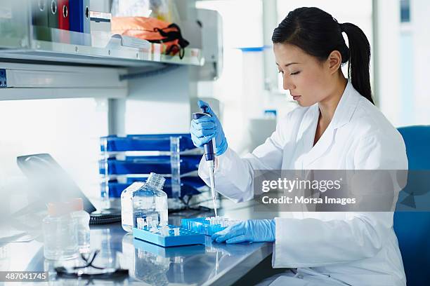 scientist pipetting samples into eppendorf tubes - tube fotografías e imágenes de stock