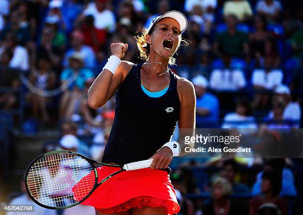 Varvara Lepchenko of the United States celebrates after defeating Mona Barthel of Germany in their Women's Singles Third Round match on Day Six of...