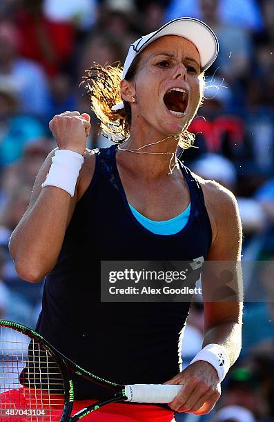 Varvara Lepchenko of the United States celebrates after defeating Mona Barthel of Germany in their Women's Singles Third Round match on Day Six of...