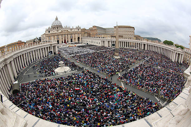 General view of the atmosphere in St. Peter's Square as Pope Francis leads the Canonization Mass in which John Paul II and John XXIII are to be...