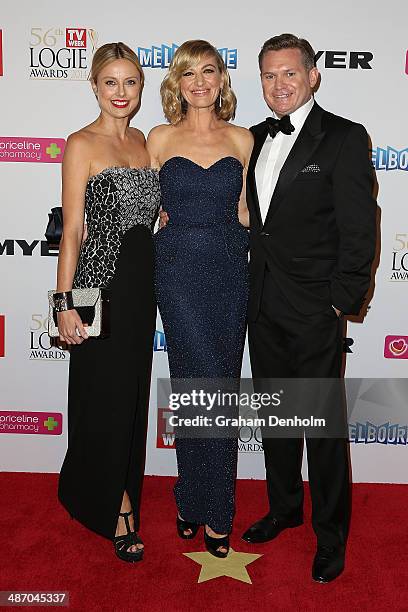 Allison Langdon, Tara Brown and Michael Usher arrive at the 2014 Logie Awards at Crown Palladium on April 27, 2014 in Melbourne, Australia.