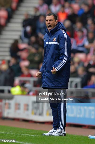 Sunderland manager Gus Poyet reacts during the Barclays Premier League match between Sunderland and Cardiff City at the Stadium of Light on April 27...