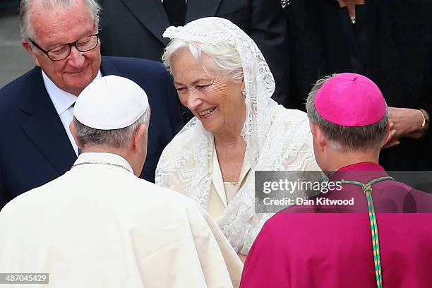Pope Francis greets King Albert II and Queen Paola of Belgium after the canonisation in which John Paul II and John XXIII were declared saints on...