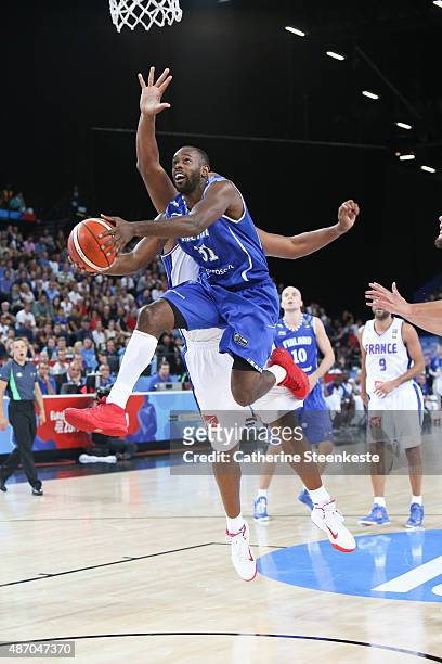 Jamar Wilson of Finland goes up to the basket against Boris Diaw of France during the EuroBasket Group Phase game between France v Finland at Park...