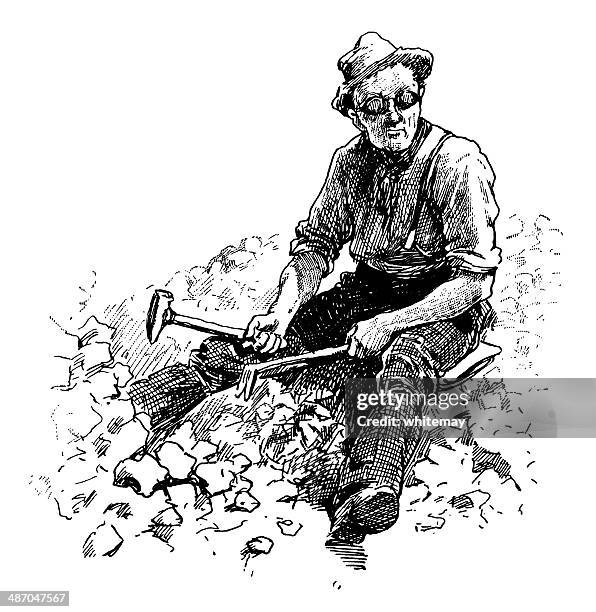 victorian stone-breaker with tools and goggles - pile of rocks white background stock illustrations
