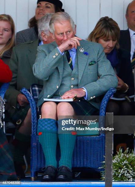 Prince Charles, Prince of Wales attends the Braemar Gathering at The Princess Royal and Duke of Fife Memorial Park on September 5, 2015 in Braemar,...