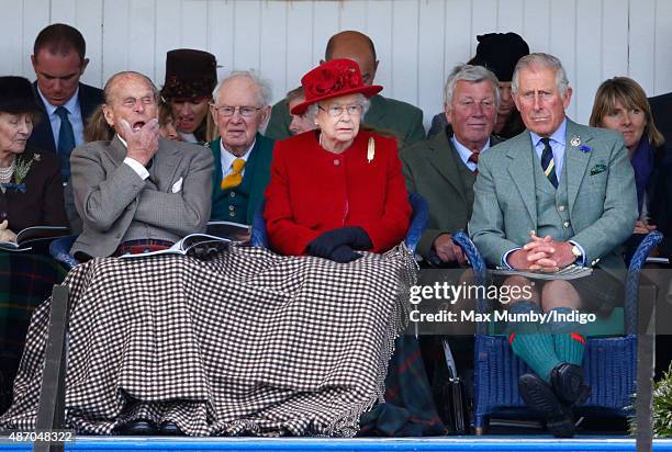 Prince Philip, Duke of Edinburgh, Queen Elizabeth II and Prince Charles, Prince of Wales attend the Braemar Gathering at The Princess Royal and Duke...