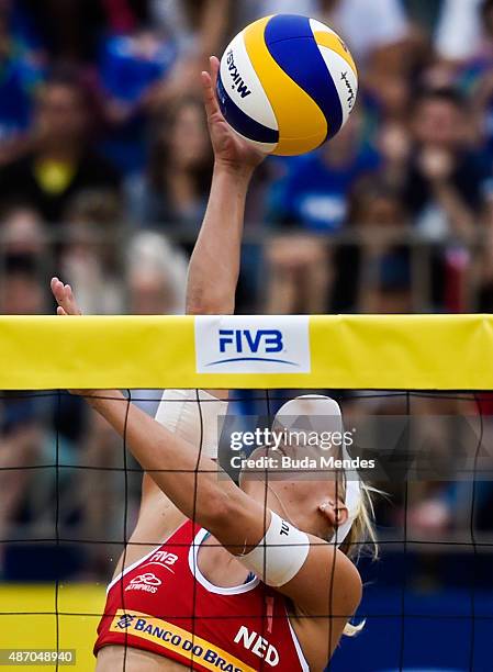 Marleen Van Iersel of Netherlands in action during her semifinal match against Larissa França and Talita Antunes of Brazil at the FIVB Beach...