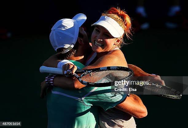 Bethanie Mattek-Sands and Sam Querrey of the United States celebrate defeating Daria Gavrilova and John Peers Australia in their Mixed Doubles Second...