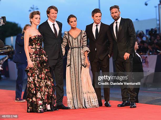 Actress Amber Heard, director Tom Hooper, actors Alicia Vikander, Eddie Redmayne and Matthias Schoenaerts attend a premiere for 'The Danish Girl'...