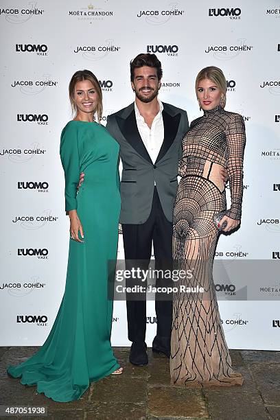 Victoria Bonya, Mariano DI Vaio and Hofit Golan attend the 'Being The Protagonist' Party hosted By L'Uomo Vogue during the 72nd Venice Film Festival...