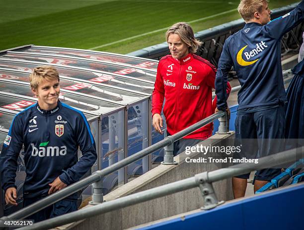 September 05: Martin Odegaard, Coach Jan Aage Fj¿rtoft, Captain Per Ciljan Skjelbred during training before the EURO 2016 Qualifier between Norway...