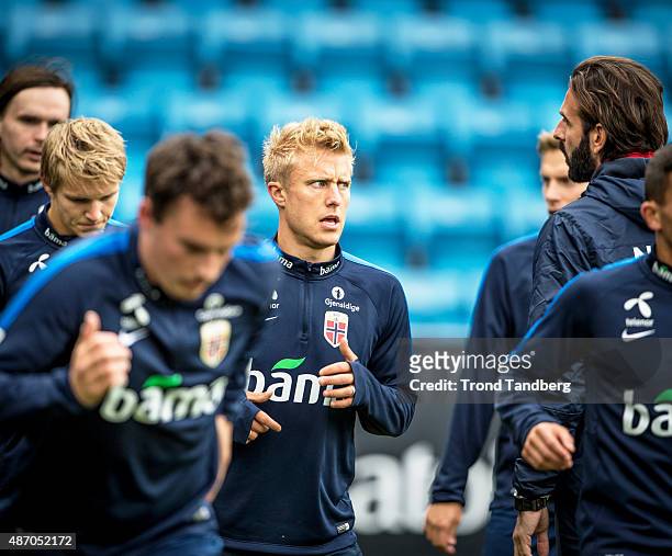 September 05: Captain Per Ciljan Skjelbred during training before the EURO 2016 Qualifier between Norway and Croatia at the Ullevaal Stadion on...