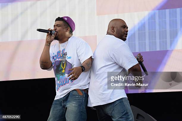 David Jude Jolicoeur and Vincent Mason of De La Soul perform onstage during the 2015 Budweiser Made in America Festival at Benjamin Franklin Parkway...