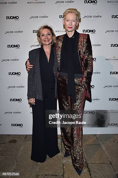 Silvia Damiani and Tilda Swinton attend the 'Being The Protagonist' Party hosted By L'Uomo Vogue during the 72nd Venice Film Festival at San Clemente...